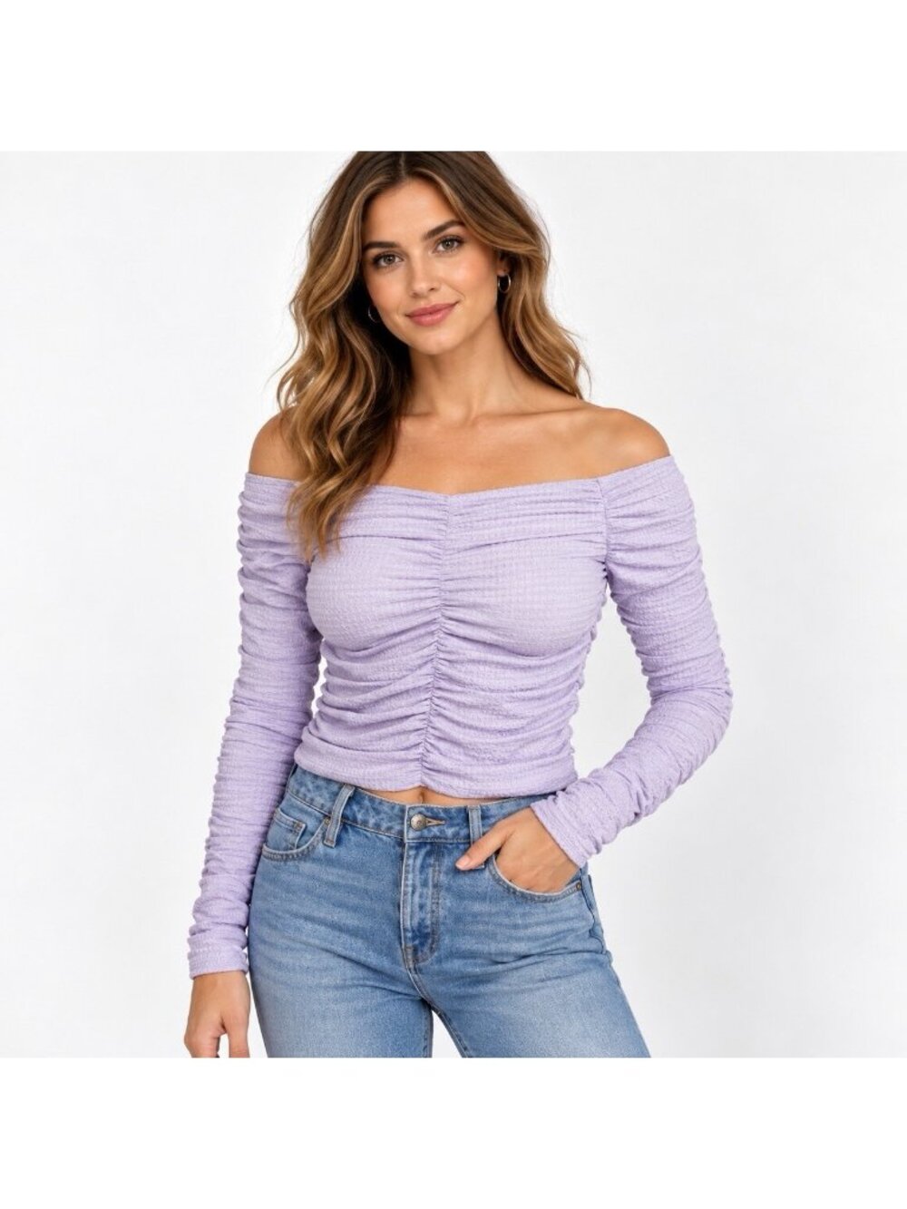 Elodie Top Womens S Small Purple Ruched Off Shoulder Long Sleeve Cropped Stretch